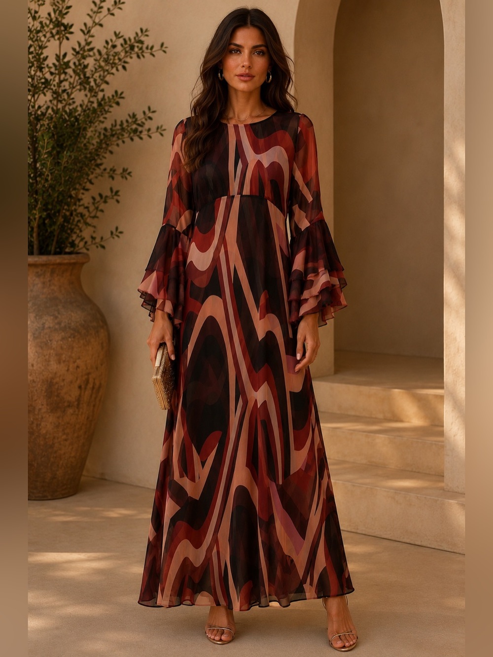MISA Los Angeles Zoey Striped Chiffon Tiered-Sleeve Maxi Dress | Size S NWOT